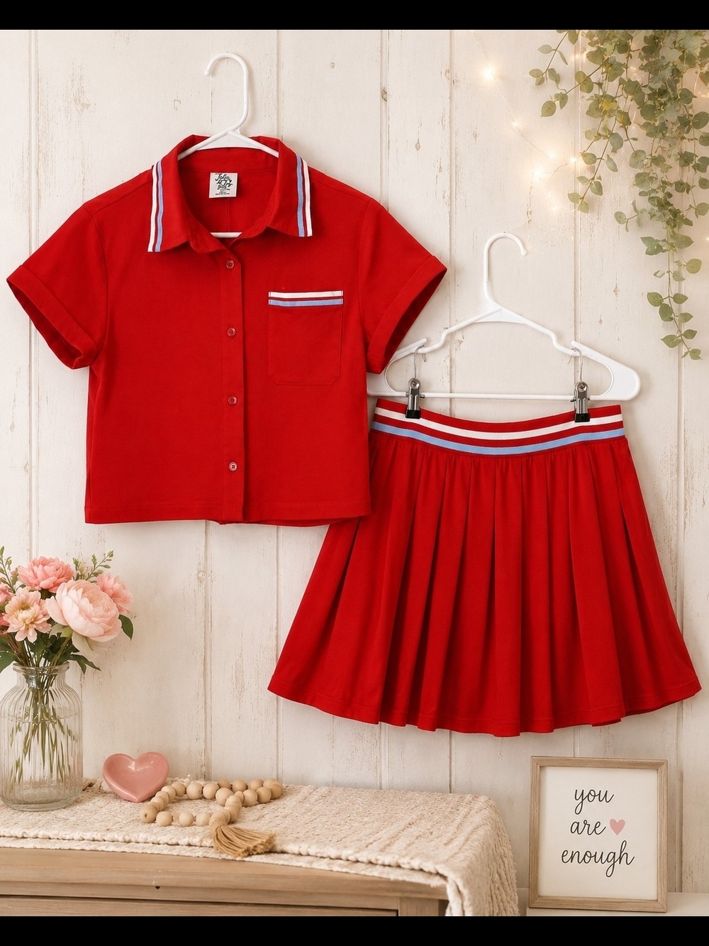Girls Red Polo Shirt Pleated Skirt Set Stripe Trim XL 14-16